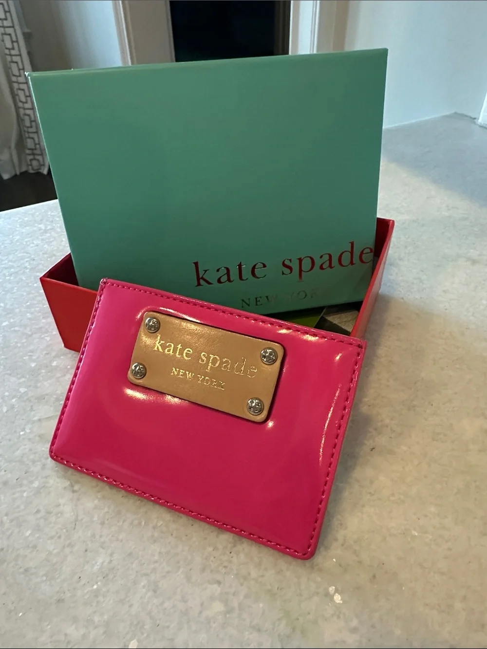 kate spade Hot Pink Patent Card Holder with Gold Plaque